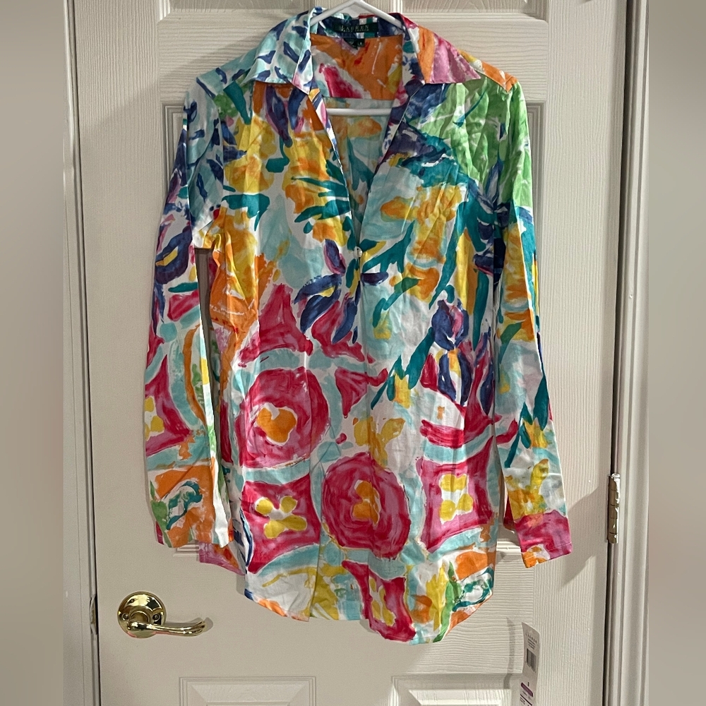 NWT Lauren Ralph Lauren Vintage Y2K Womens 100% Cotton Multicolor V Neck Tunic S